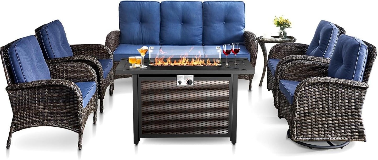 HUMMUH 7 Piece Patio Furniture Set with Fire Pit Table,Wicker Patio Swivel Rocker Outdoor Chairs 3-Seat Sofa for Porch,Poolside,Deck