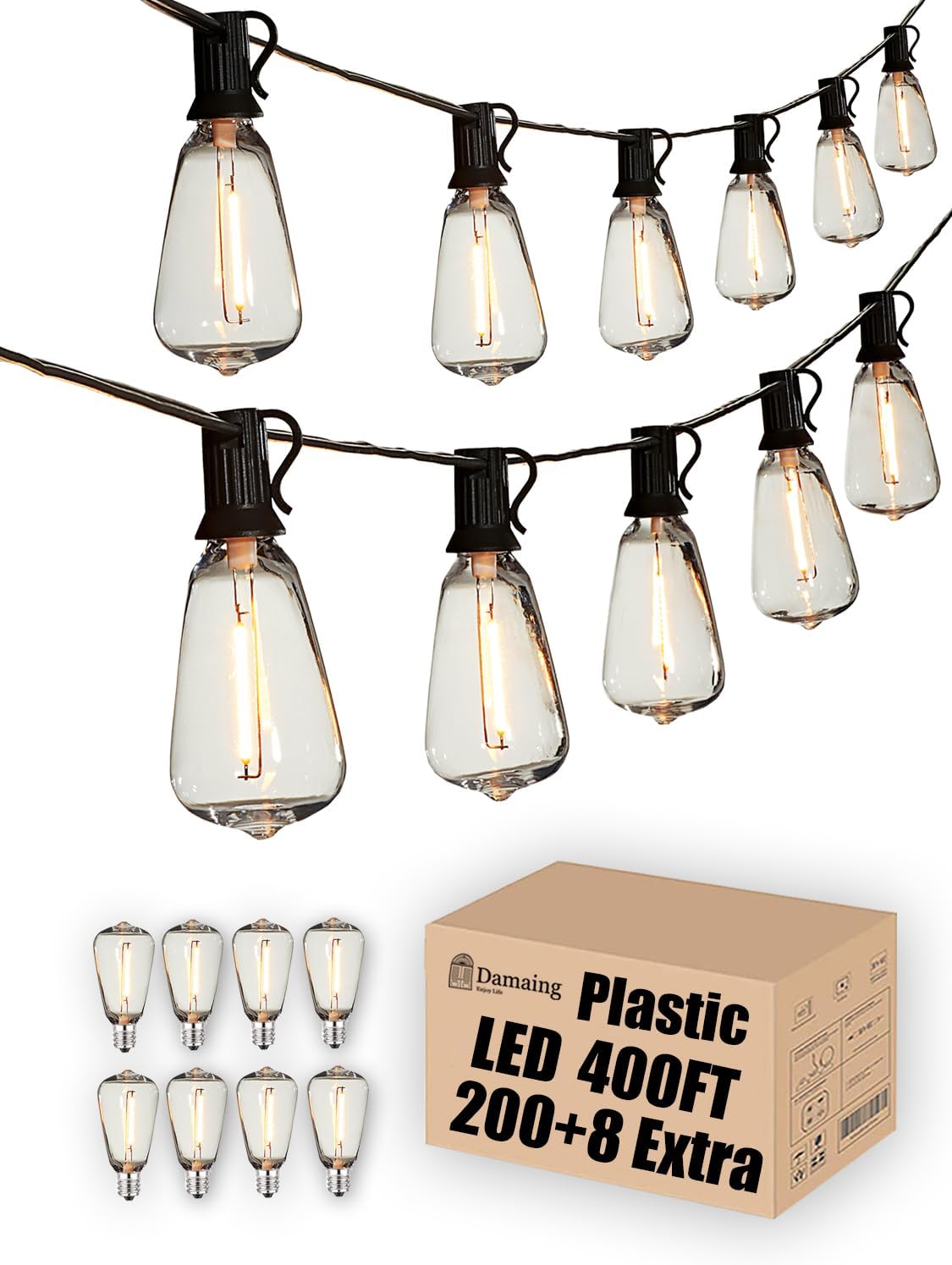 DAMAING Outdoor String Lights Weatherproof 400FT shatterproof connectable Patio Lights for Outside 4 Pack x 100FT with 208 Vintage dimmable LED Edison Bulbs,Hanging Lights for Garden,Balcony