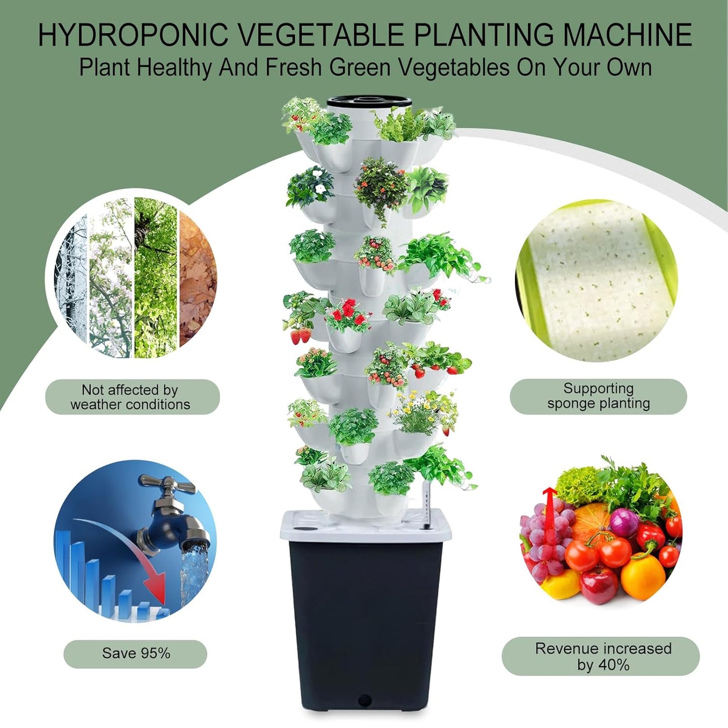 Hydroponics Tower Indoor Growing System Vertical Garden Planter Indoor Smart Garden Kit with Pump and Movable Water Tank Vegetable Plant Gift for Gardening Lover (35-Plants)