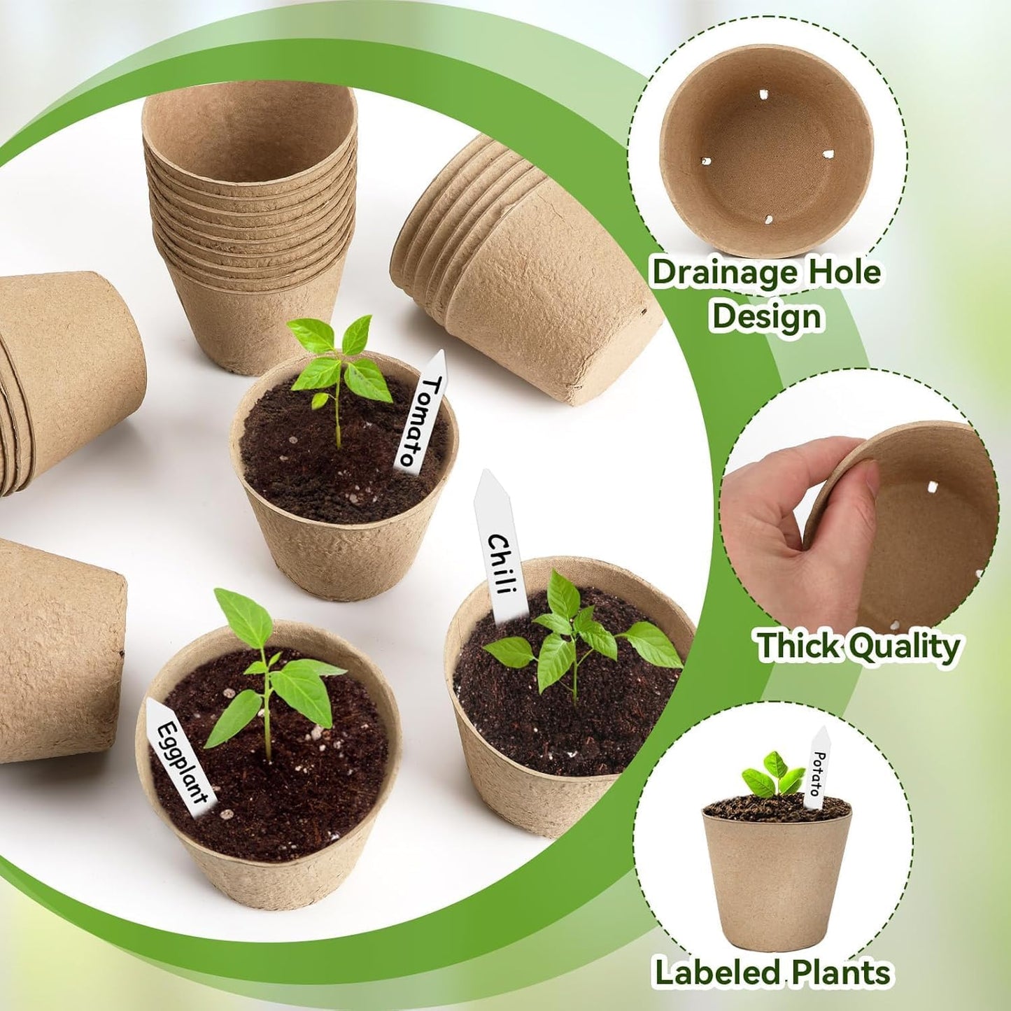 Augshy 3.15 Inch Peat Pots, 80 Pack Seed Starter Nursery Pots Round Plant Seedling with Drainage Holes for Garden Nursery Kits Seedlings Seed Starting Tray with 80 Plant Labels