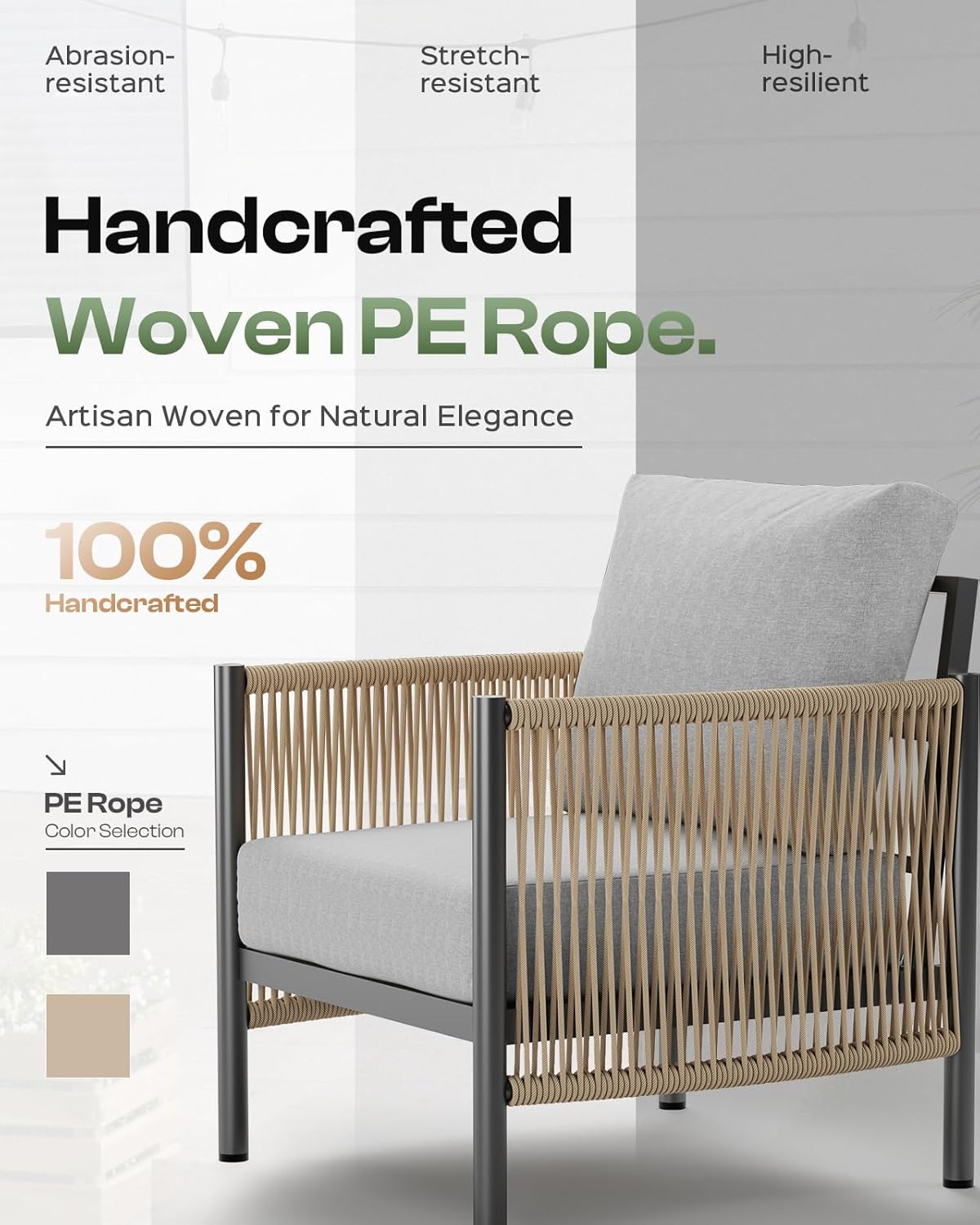 Aluminum Outdoor Sofa Armchair, HDPE Rope Patio Couch with Washable Thick Cushion, All-Weather Outdoor Patio Chairs Set of 2 for Balcony, Yard, Gray Frame, Gray