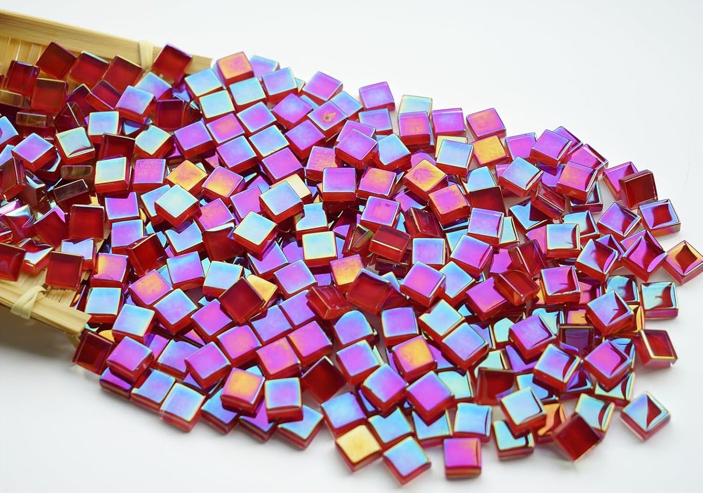 0.66lbs Ruby Red Iridescent Mosaic Tiles, 3/8" Square Glass Pieces With Smooth Edges, Ideal for Making Supplies, Small Colored Glass Tiles for DIY Coaster Projects