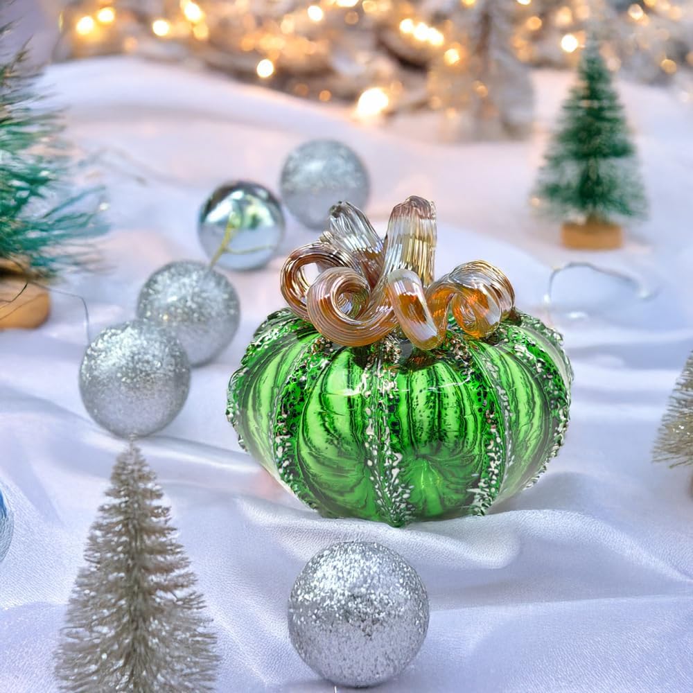Luke Adams Glass | Handmade Glass Pumpkins | Handmade Table Top Home Decor (Squat, Green Tinsel)