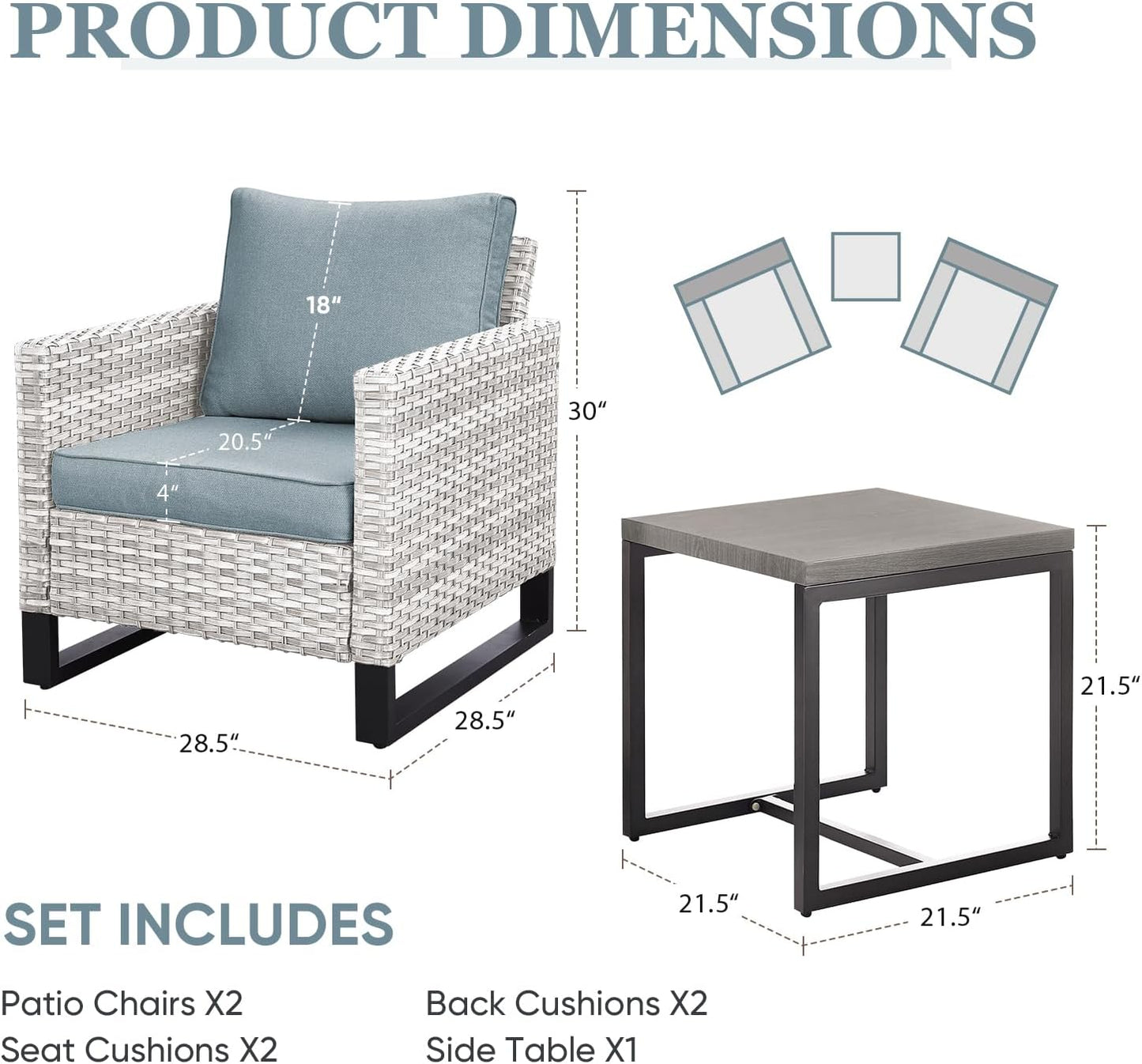 HUMMUH 3-Piece Outdoor PE Wicker Patio Chairs with Metal Frame, Porch Chairs with 4 inch Seat Cushions - Light Blue