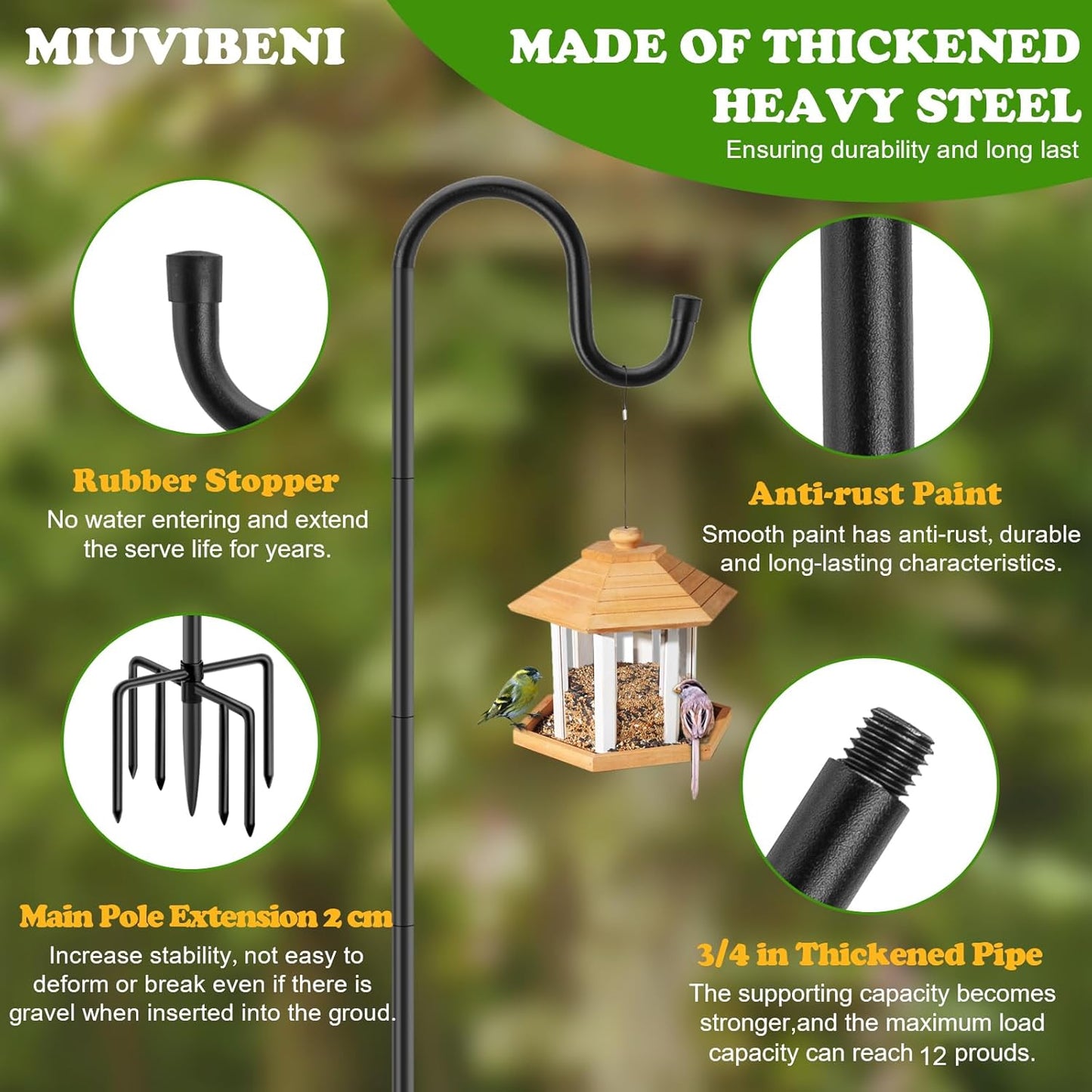 96" Shepherds Hooks for Outdoor with 7 Prongs Base, Heavy Duty Bird Feeder Pole for Hanging Lantern, Hummingbird Feeder, Shepherds Hook for Bird Feeders Outside,1 Pack