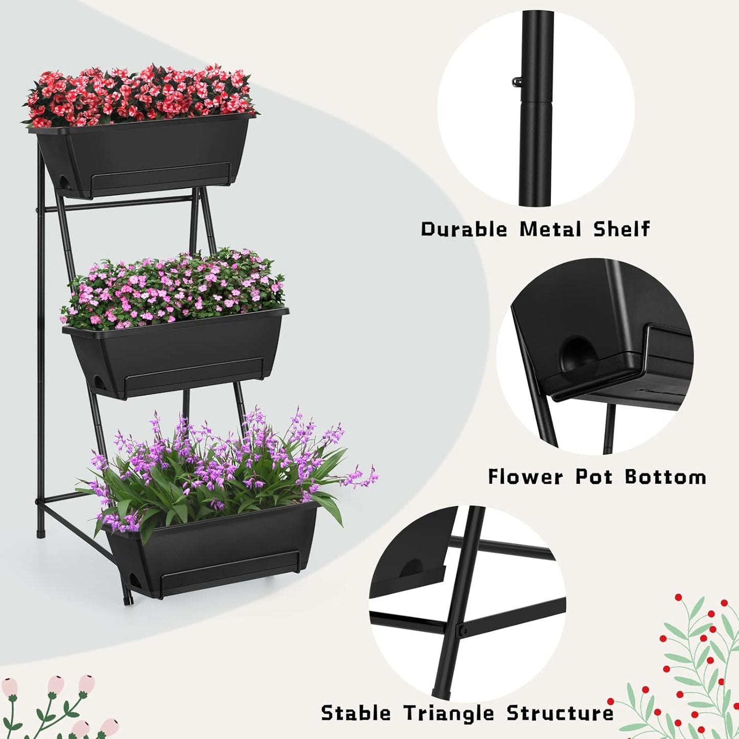 Vertical Raised Garden Bed 3 Tier Elevated Garden Planters Stand Up Garden Planter Box with Drainage Holes for Outdoor Indoor Plants Herbs Flowers Vegetables Black