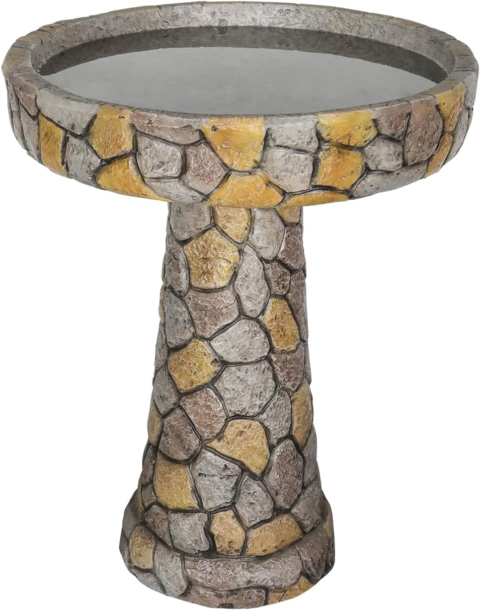 watnature Stone Like Outdoor Bird Bath - Concrete Freestanding Patio Birdbath with Pedestal for Garden, Patio, Yard, Lawn - 18.8”L X 18.8”W X 24”H Rustic Faux Stone Pedestal Outdoor Garden Birdbaths