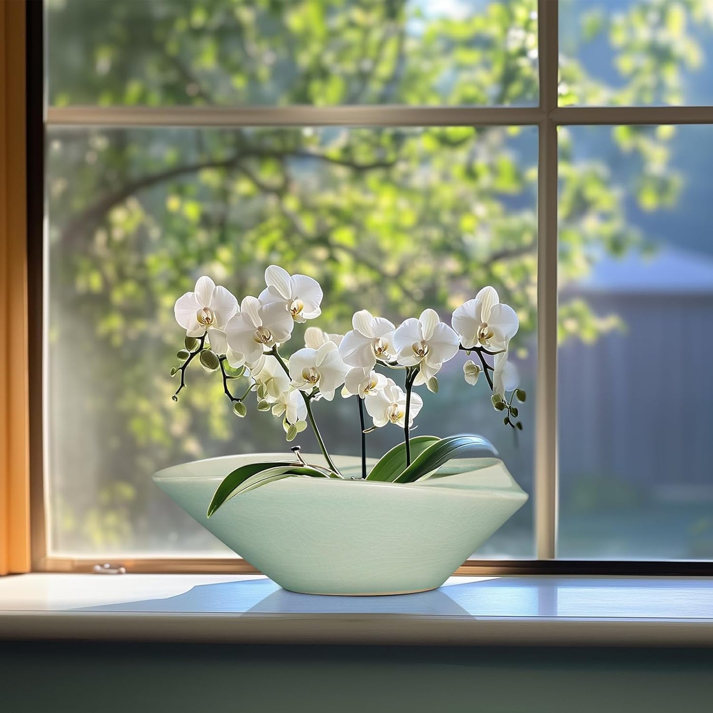 Bonsai Pot - 12 Inch Ceramic Planter Pot with Drainage Hole Large Modern Planter Decorative Glazed Succulent Plant Pot for Indoor Outdoor Plants Green