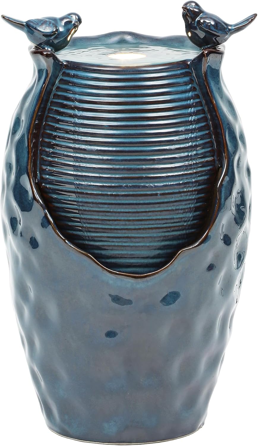 24.8" H Ceramic Jar Outdoor Water Fountain with LED Lights & Bird Accents, Elegant Turquoise Glaze with Bubble-Like Texture, Decorative Garden Water Feature