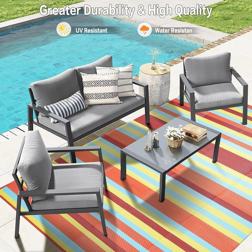 Outdoor Waterproof Rug 9'x12' Plastic Straw Rugs Washable Reversible Floor Mat Rainbow Stripe Carpet for Camping RV Deck Entryance Porch Picnic Balcony Beach Backyard