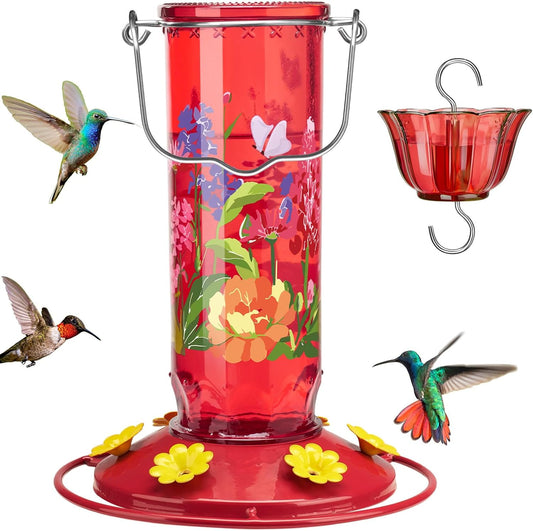 Kingsyard Hummingbird Feeder for Outdoor Hanging - Charming Patterned Glass Humming Bird Feeder with 6 Feeding Ports and Ant Moat, Ideal Gift Choice for Bird Lovers, Red