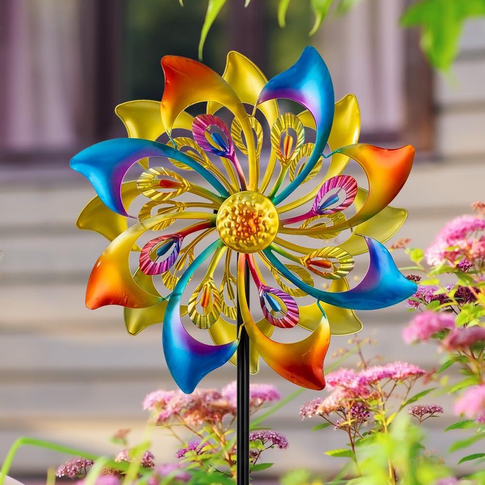 DREAMSOUL 13" Dia Wind Spinners Outdoor with 4 Prong Stakes, Kinetic Metal Wind Spinners for Yard and Garden Decor (52 * 13 Inches)