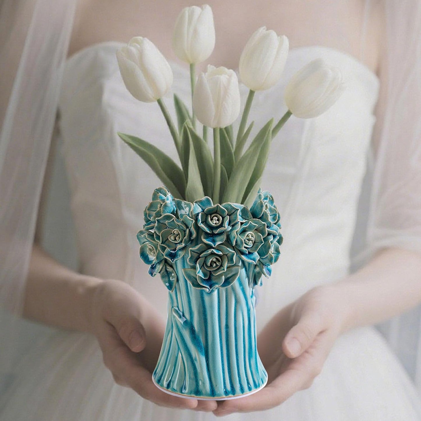 Handmade Blue Ceramic Vase with 3D Flowers, Blue Bud Wedding Bouquets Vases for Centerpieces, Vintage Floral Vase for Home Cottage Core Decor, Decorative Vases for Living Room, Housewarming Gift 6.6In