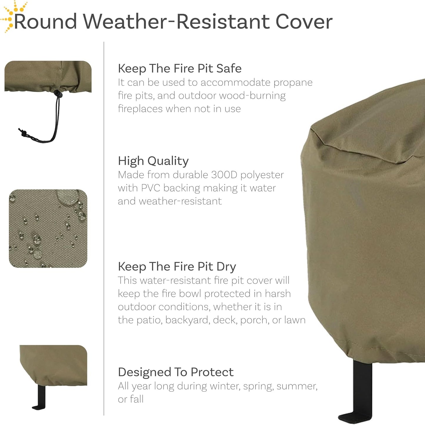 Sunnydaze Round Outdoor Fire Pit Cover - Heavy-Duty 300D Polyester and PVC with Drawstring Closure - Khaki - 30-Inch