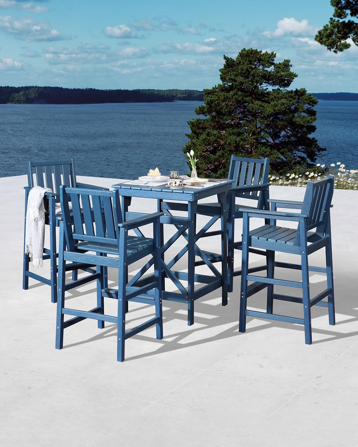 5 Pieces Adirondack Bar Chairs Set, HDPE Patio Bar Height Table and Chairs, Tall Adirondack Outdoor Bar Stools Set, HDPE Patio Bar Table Sets Furniture for Poolside, Balcony, Garden, Navy