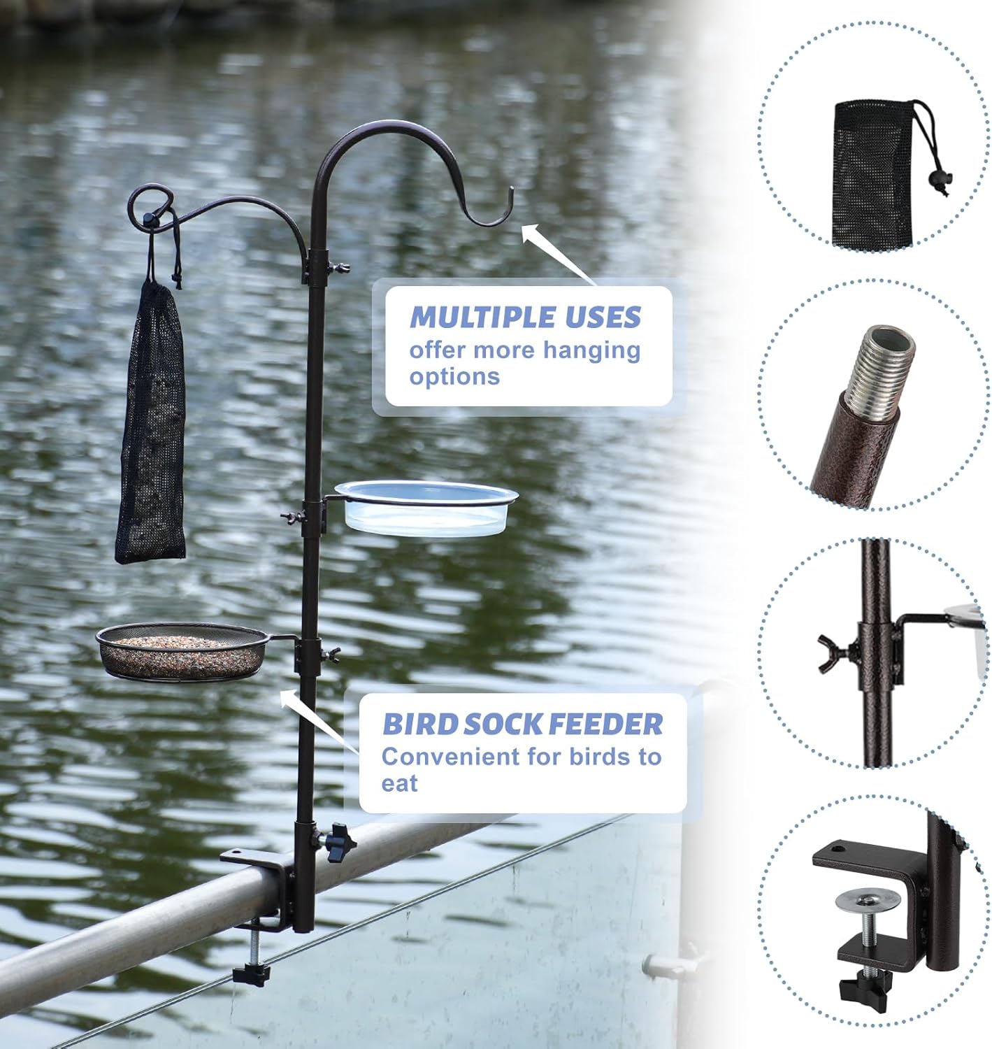 Deck Bird Feeding Station | Premium Multi Feeder Hanging Kit with Bird Bath & Sock Feeder | Attracts Wild Birds, Planter Hanger Hook for Outdoor Deck, Patio, Garden