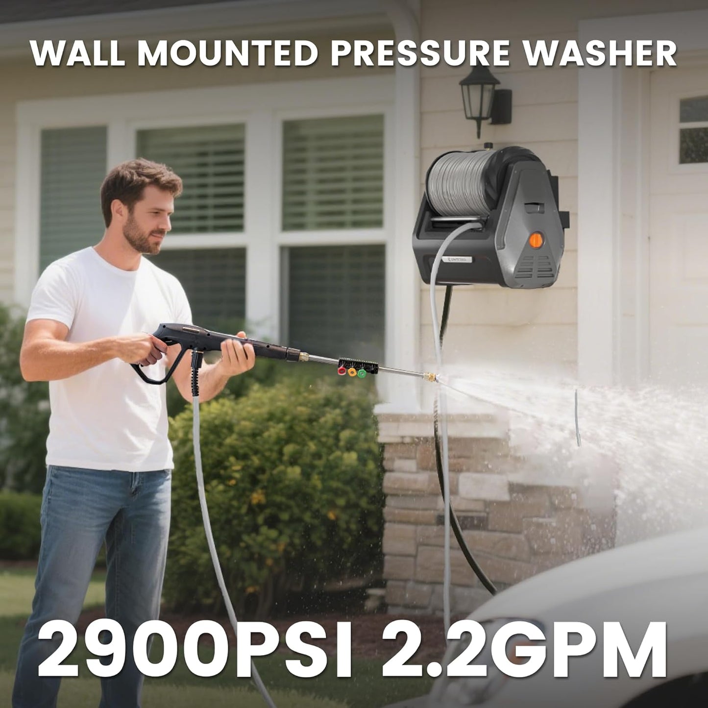 Giraffe Tools Grandfalls Wall Mount Pressure Washer Plus+, Max 2900PSI 2.2 GPM, Electric Power Washer with 100ft Pressure Hose for Car/Patios, Automatic Rewind, Dark Silver