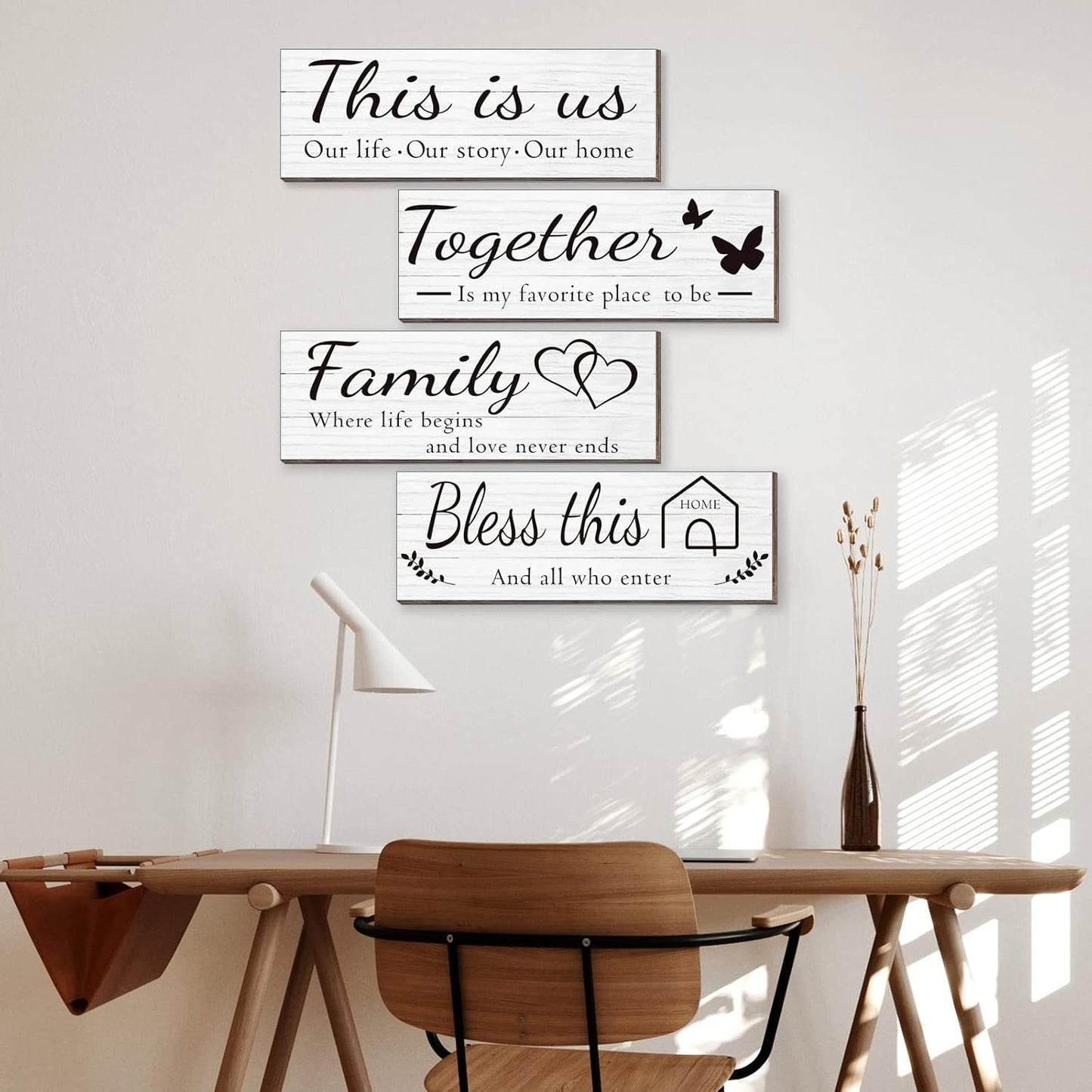 4 Pieces Wooden Home Wall Art Decor, Rustic, Farmhouse THIS IS US/TOGETHER/BLESS THIS HOME/FAMILY Decor Signs For Living Room Bedroom, 4.7 x 13.8 Inch(White)