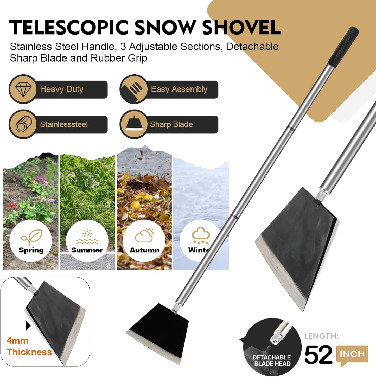 Garden Shovel, Floor Cleaning Scraper Tool, Snow Shovel Ice Scraper, 47 inch Weed Removal Tool with 3 Sections Long Handle for Moss,Sidewalks, Driveway Yard Working - Heavy Duty