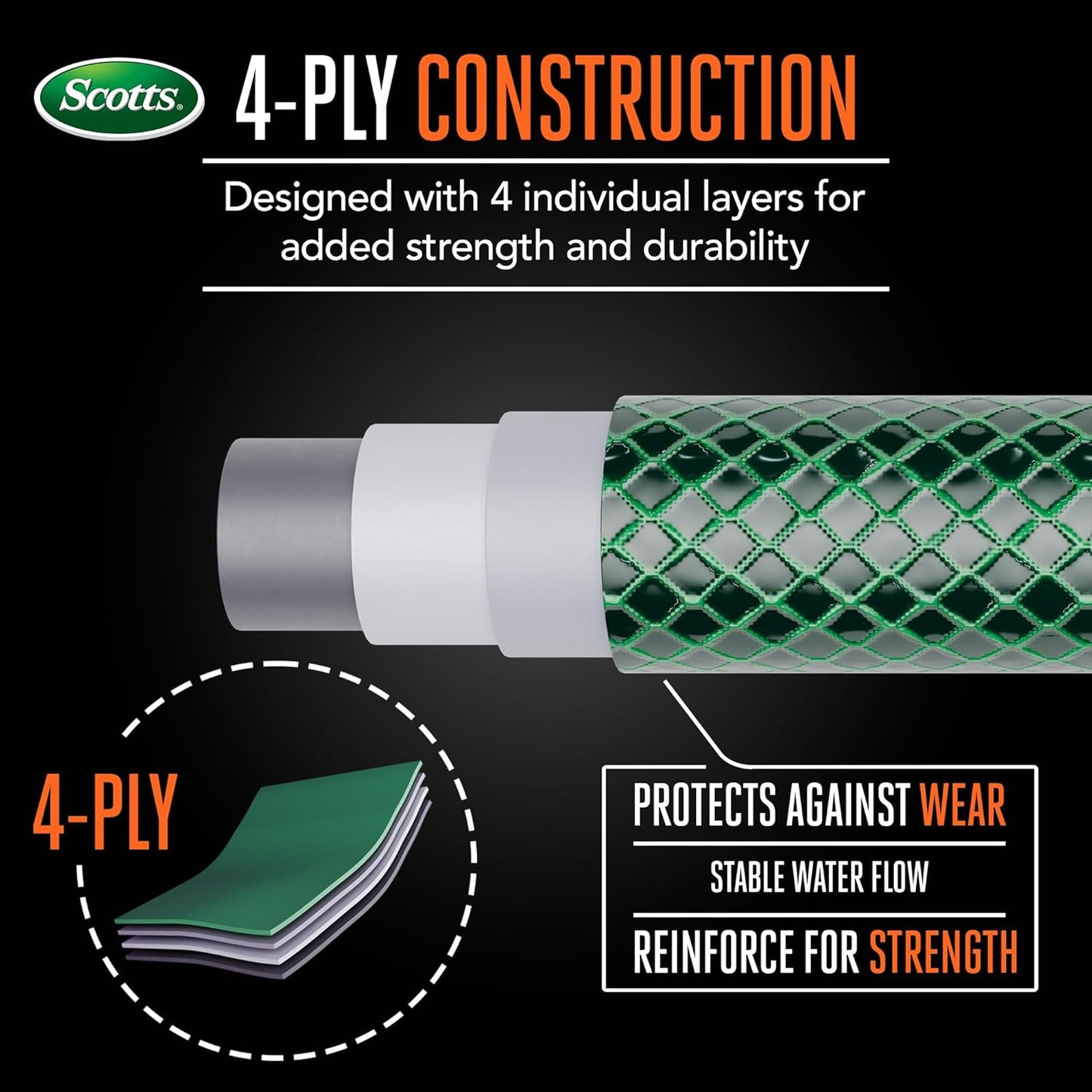 Scotts 50 ft. Heavy Duty Garden Hose – 5/8 in. Diameter, 4-Ply, 400 PSI High-Pressure, Easy-to-Coil Water Hose with Crush-Resistant Couplings and Twist-Resistant Collar for Lawn and Garden