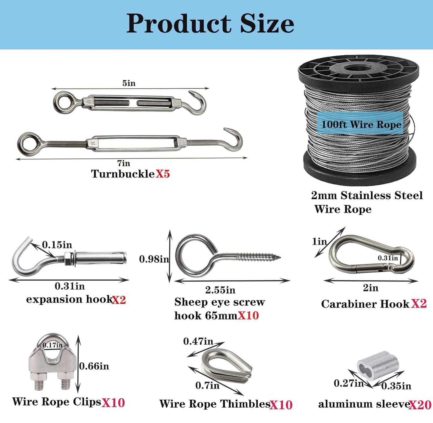 1/16 Inch 304 Stainless Steel Wire Rope Kit - 100ft 7x7 Strand Core Vinyl Coated Aircraft Cable with Turnbuckles for Outdoor String Lights Hanging, Garden & Guy Wire Support