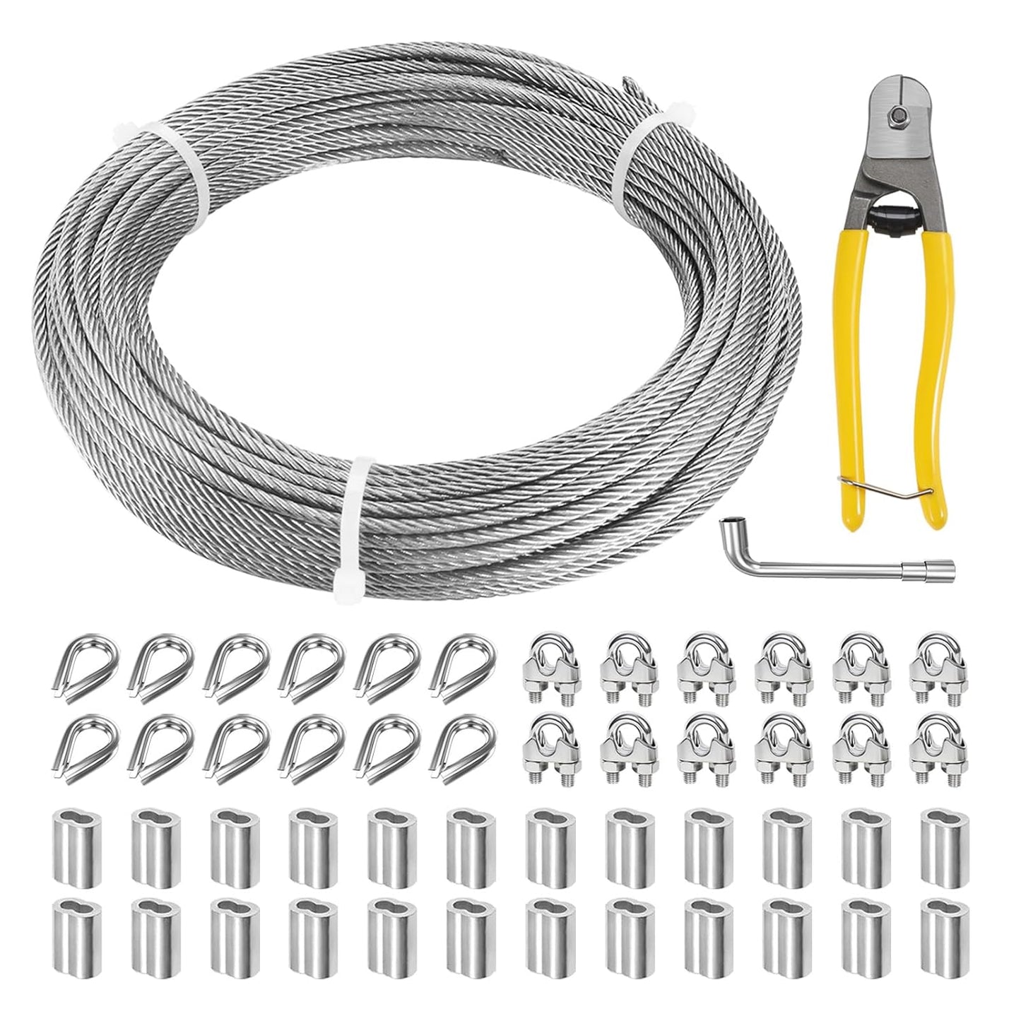 1/8 Inch Stainless Steel Cable 164FT, 7x19 Strand Wire Rope Kit with Thimbles, Clips & Aluminium Sleeves for Plants Climbing, Deck Fence Railing, String Light Haning and DIY Projects