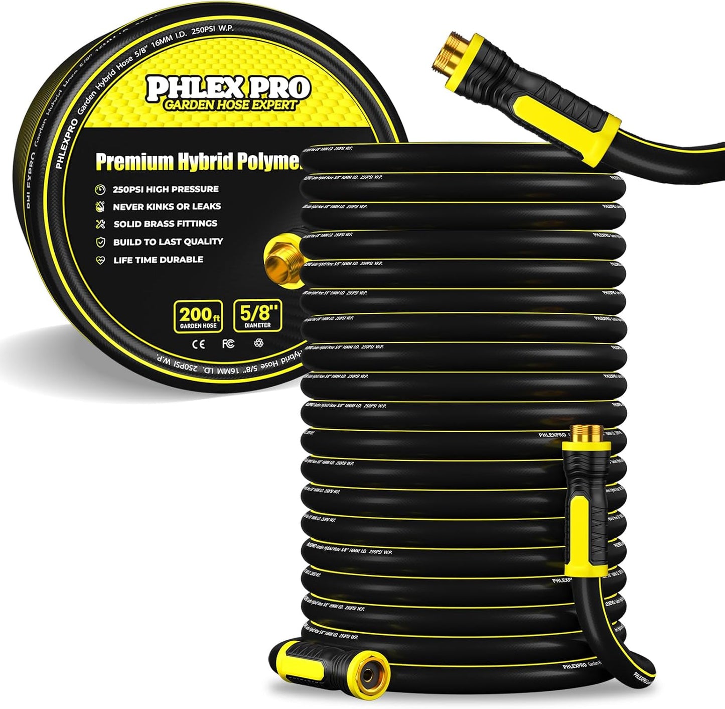 Garden Hose 200FT - PHLEX PRO Heavy-Duty Premium 5/8'' Rubber 3-Layer Water Hose with Full Brass Male to Female Fittings - Innovation Flexible Hybrid Lightweight Water Hose for RV Garden