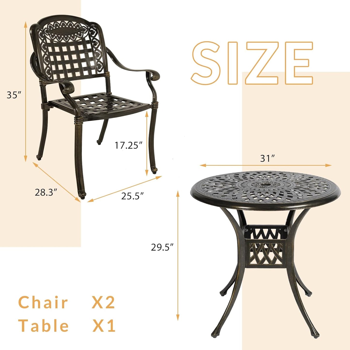 3-Piece Outdoor Patio Dining Set, All-Weather Cast Aluminum Patio Furniture Set for Backyard Garden Deck with 2 Chairs and 31” Round Table, 2" Umbrella Hole
