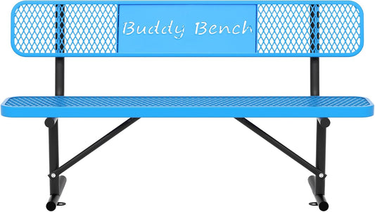 6 Feet Steel Park Bench for Outside, Outdoor Bench with Backrest & Portable Frame, Commercial Benches for Parks, School, Patio, Deck, Store,Blue