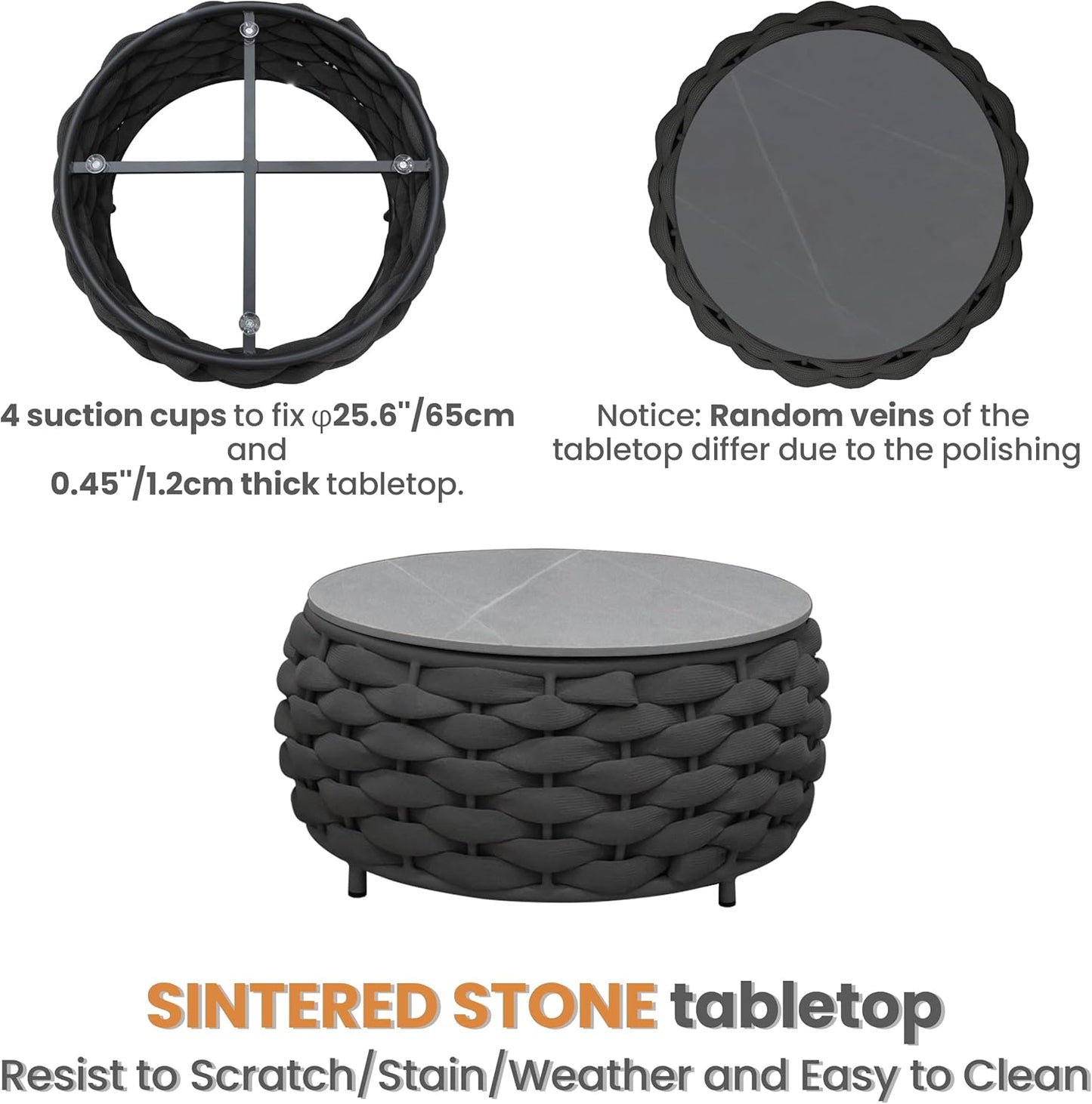 4 Pieces Courtyard Seating Set: Aluminum Woven Rope Patio Furniture Chair Set - All Weather Metal Outdoor Conversation Set - Assembled Armchair w/Table for Bistro Deck Porch Balcony Apartment