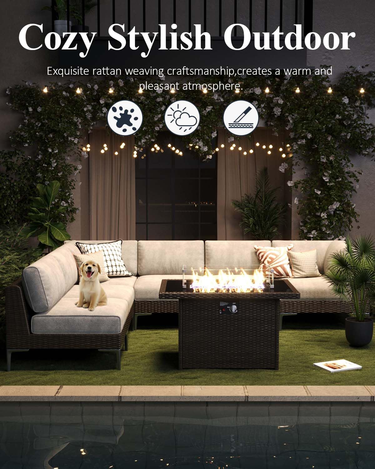 LayinSun 6-Piece Outdoor Modular Wicker Sectional Sofa with Fire Pit Table, Patio Furniture Conversation Set with Deep Seating and Thick Cushions