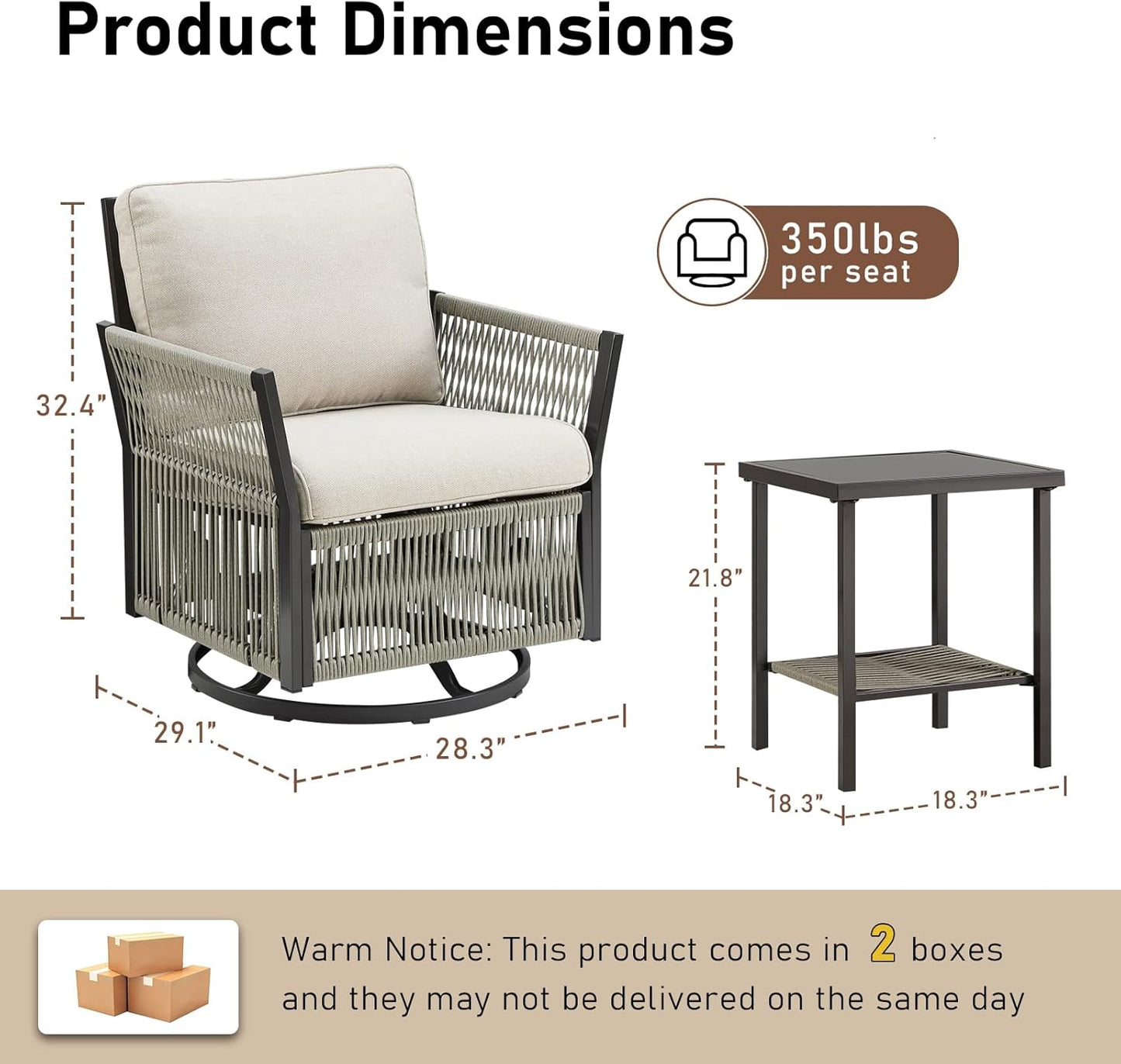 3 Pieces Wicker Bistro Set Chairs Patio Porch Furniture Sets, All-Weather PE Rattan Outdoor Conversation Set with Removable Cushion & Side Table for Porch, Deck, Poolside - Beige