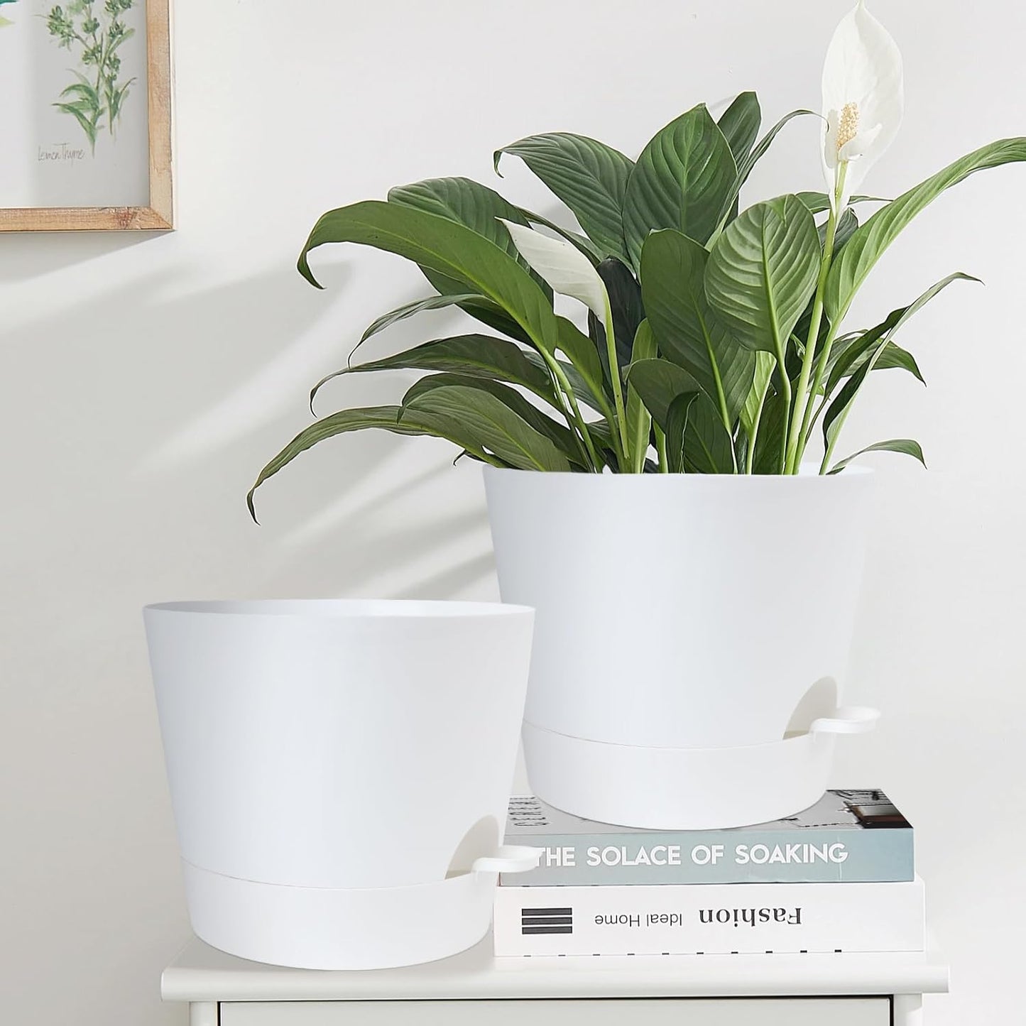 12 Inches Indoor Self Watering Planters with Drainage Holes and Saucers, 4 Pack (White)