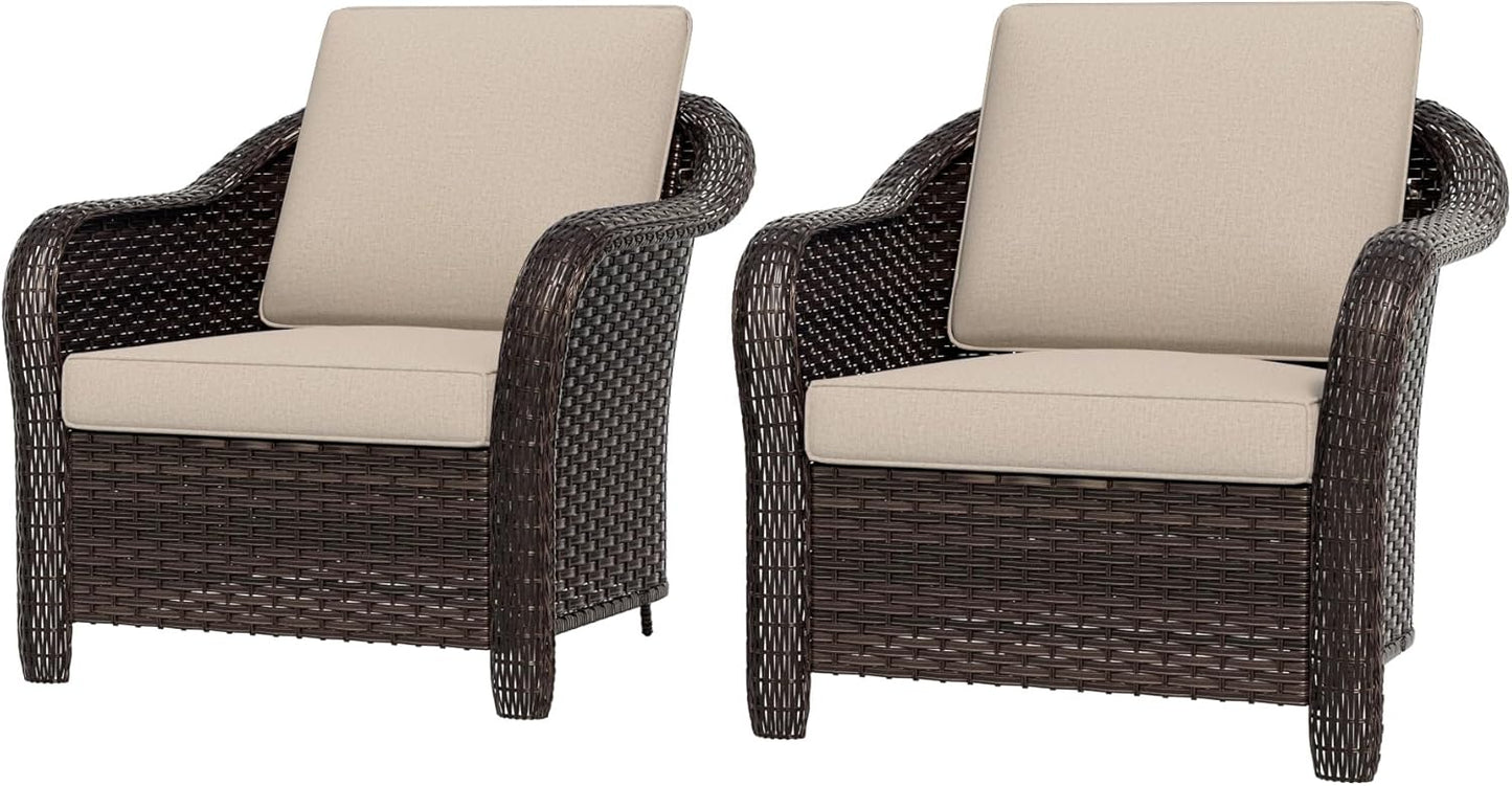 Outdoor Wicker Chair Set of 2, All-Weather Use Patio Rattan Chair with Seat and Back Cushion, Ideal for Porch, Backyard, Balcony, Poolside, Beige