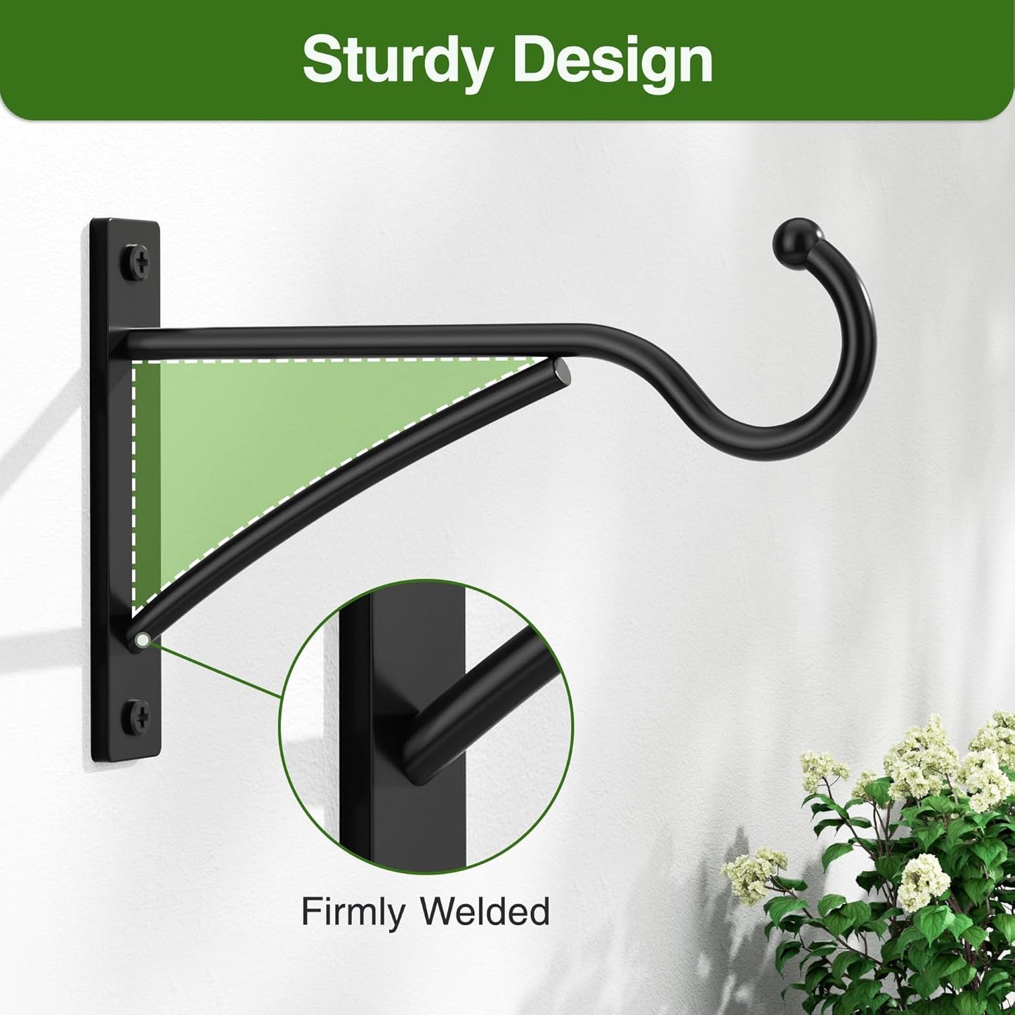 6 Inch 2 Pack Outdoor Plant Hanging Hooks for Wall:Metal Bracket for Hanging Baskets, Bird Feeders, Wind Chimes, Flower Baskets, Yoga Mat, Lanterns, Black