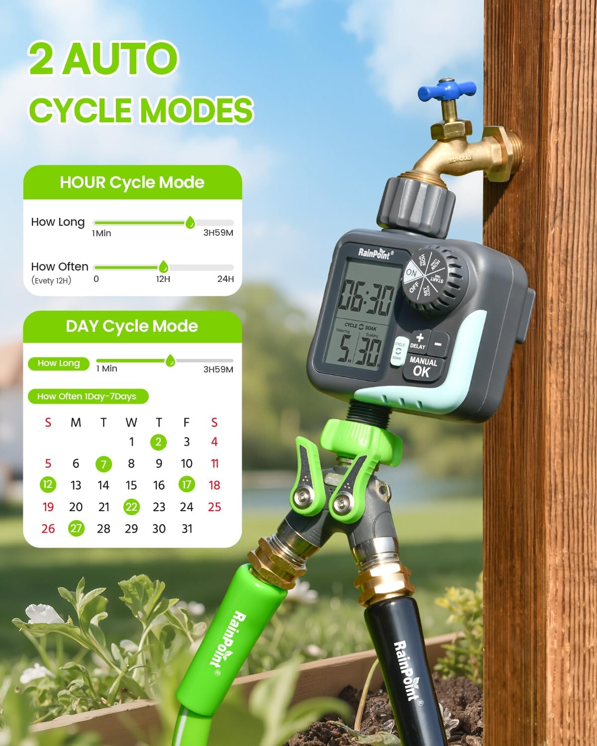 RAINPOINT Sprinkler Timer - Cycle & Soak Water Timer for Garden Hose with Rain Delay/Automatic Watering/Manual Watering, Programmable for Lawn, Yard, Irrigation System, Outdoor