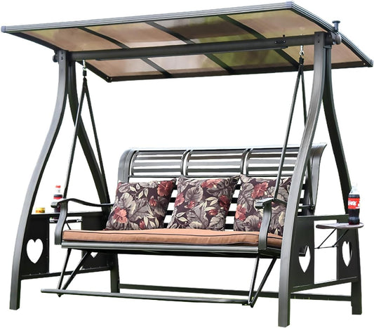 3-Seat Solar Outdoor Patio Swing Chair with Footrest Outdoor Porch Swing with Aluminum Frame Adjustable Tilt Canopy for Poolside Balcony Backyard (Floral Pillow + Brown Cushion)