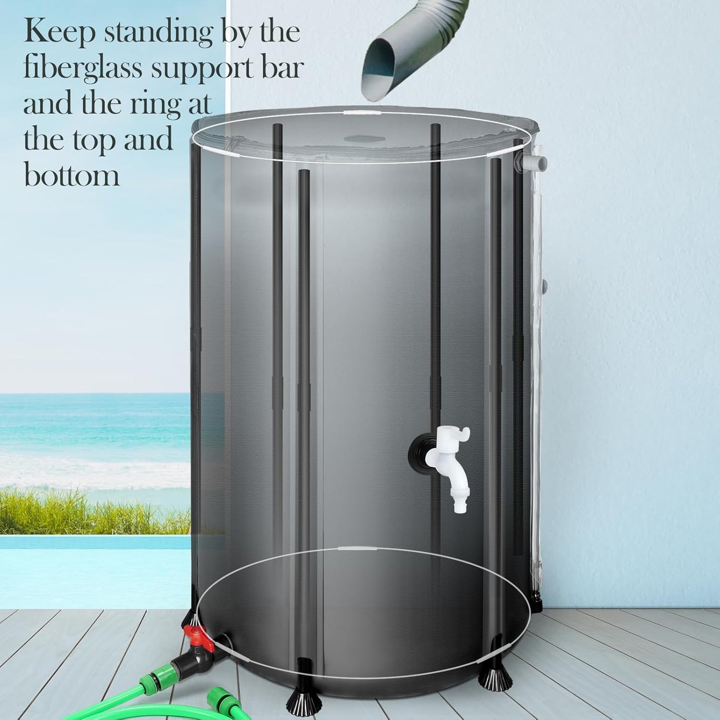 100 Gallon Collapsible Rain Barrel for Garden/Outside/Lawn, Portable Rainwater Collection System, Rain Barrel to Collect Rainwater from Gutter, Water Storage Tank with Two Spigots, Overflow Kit, Black