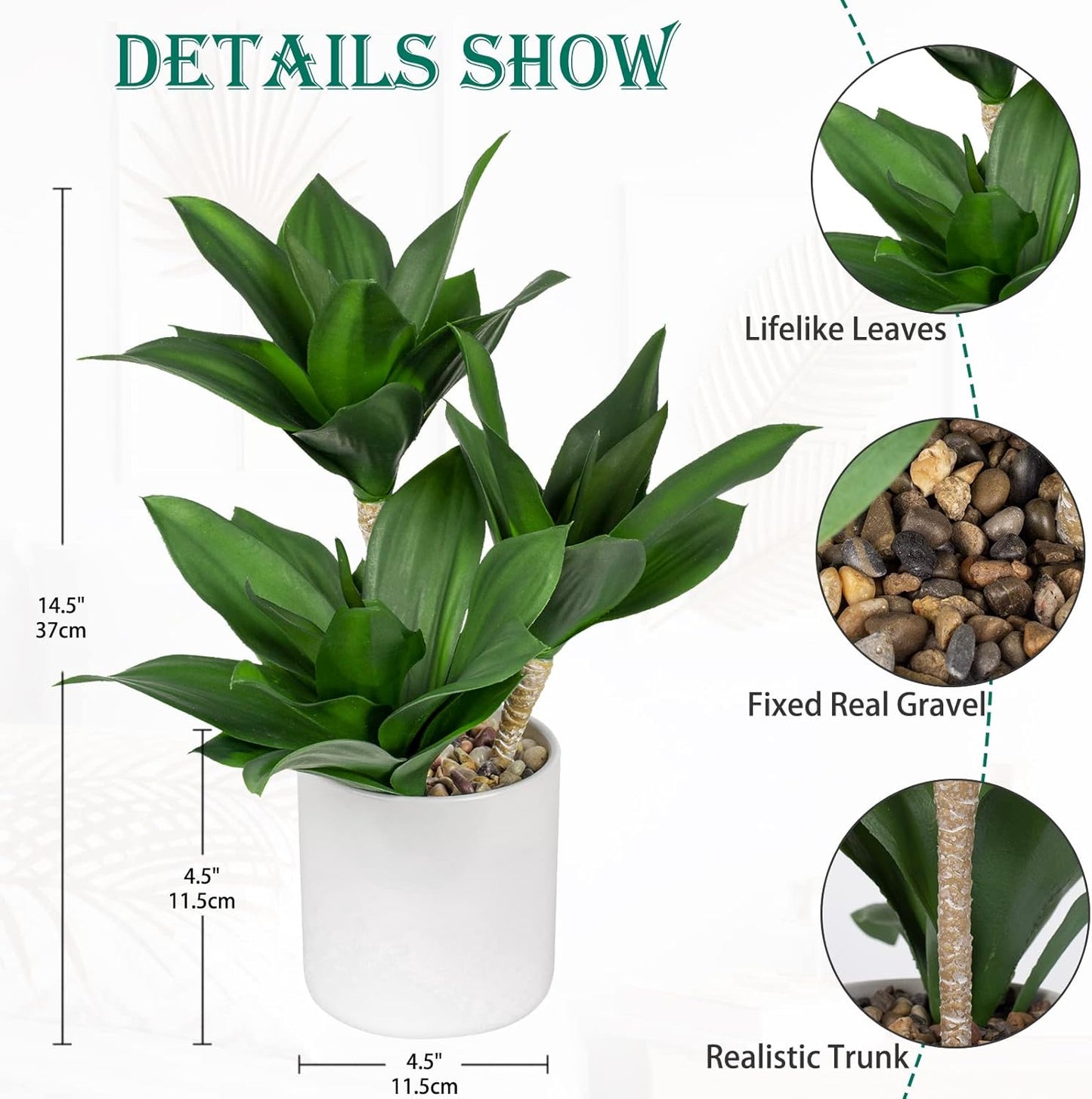 Hollyone Large Artificial Agave Plants Fake Three-Head Agave Succulent Plant Potted 15" Faux Plant in White Pot Succulent Aloe Plant Indoor for Desk Modern Home Decor