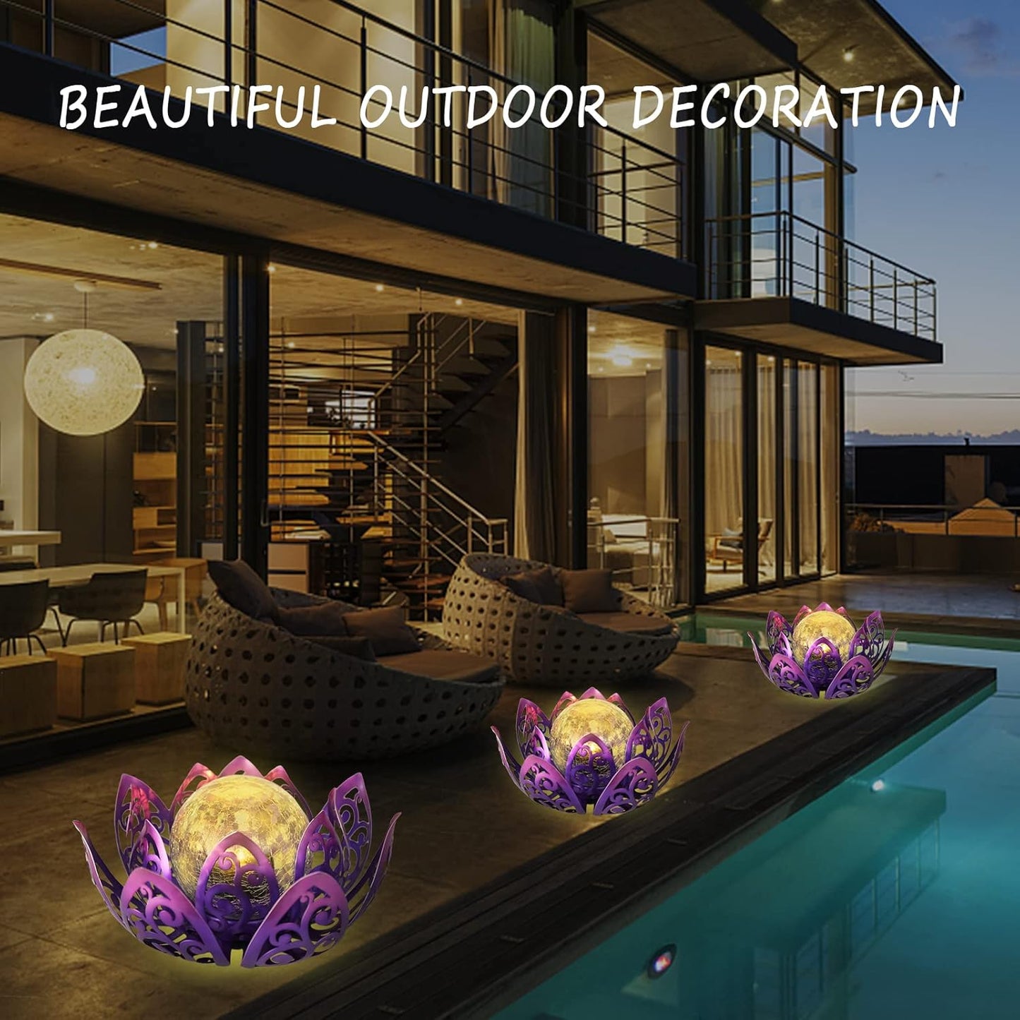 Bshine Solar Outdoor Garden Lotus Decorative Light, Waterproof Metal Cracked Glass Globe LED Lotus Light for Tabletop Decor, Walkway, Lawn Ornaments and Garden, Housewarming Gift (Purple)