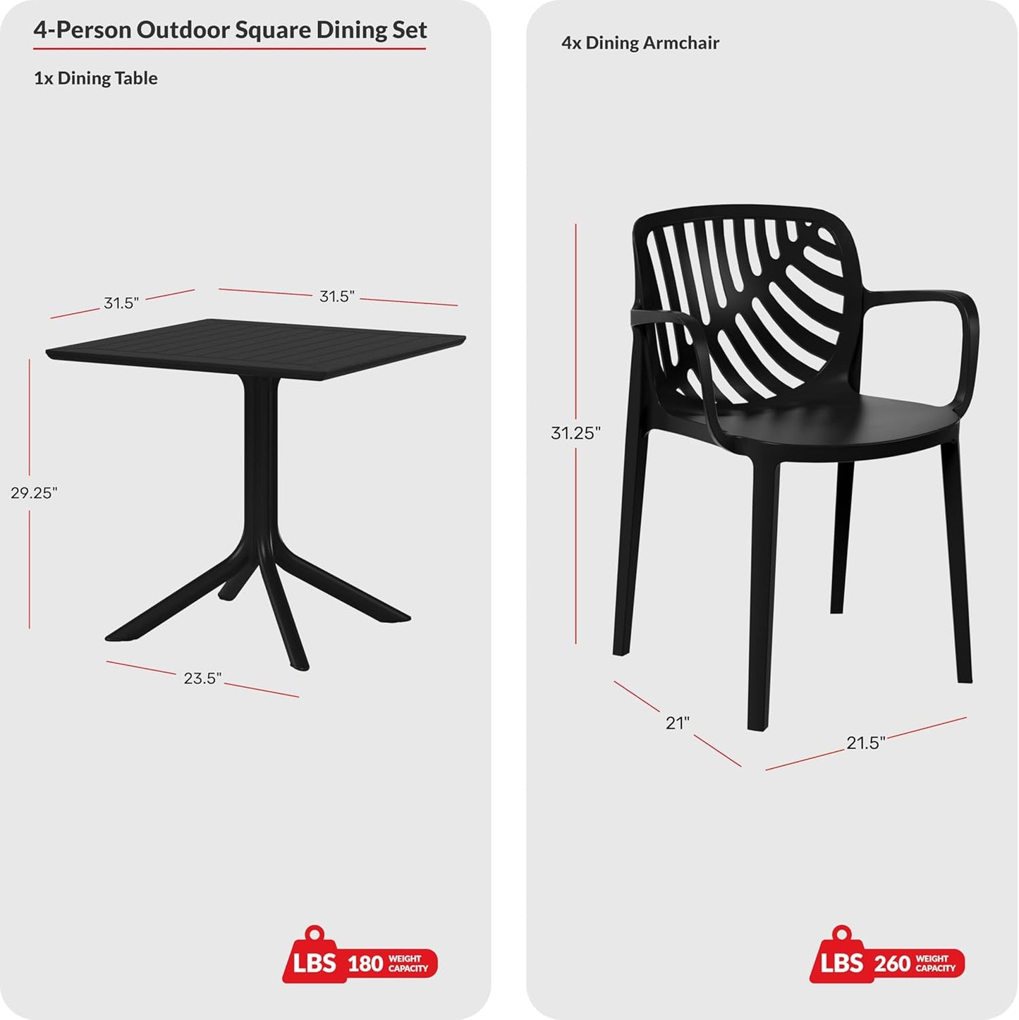 5 Piece Patio Furniture Set, HDPE Patio Square Bistro Table and Stackable Chairs Sets for 4, Outdoor Furniture All Weather for Backyard Poolside, White