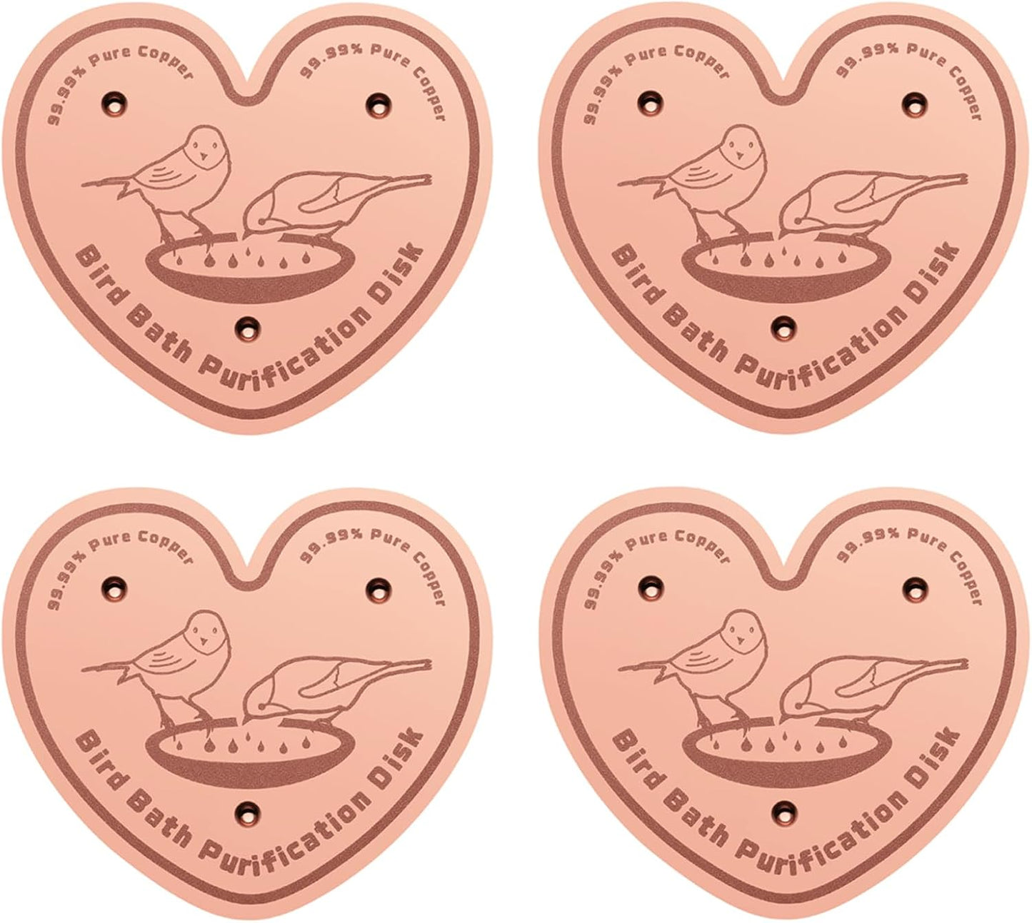 4-Pack 99.99% Pure Copper Bird Bath Purification Disk,Copper Disc with Stable Triple-Point Support,Fits All Outdoor Bird Baths(Heart-Shaped)