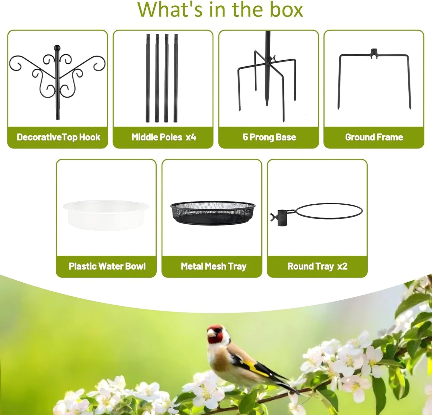 MIXXIDEA Bird Feeding Station Bird Feeder Pole with 5-Prong Base Hanging Hooks Water Bath Mesh Tray Wind-Resistant Water Bowl with Metal Snap Fastening for Outdoors to Attract Wild Birds