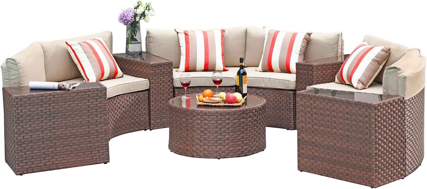 SUNSITT Outdoor Patio Furniture 11-Piece Half-Moon Sectional Round Patio Furniture Set Curved Outdoor Sofa with Tempered Glass Round Coffee Table, 4 Pillows, Brown Rattan