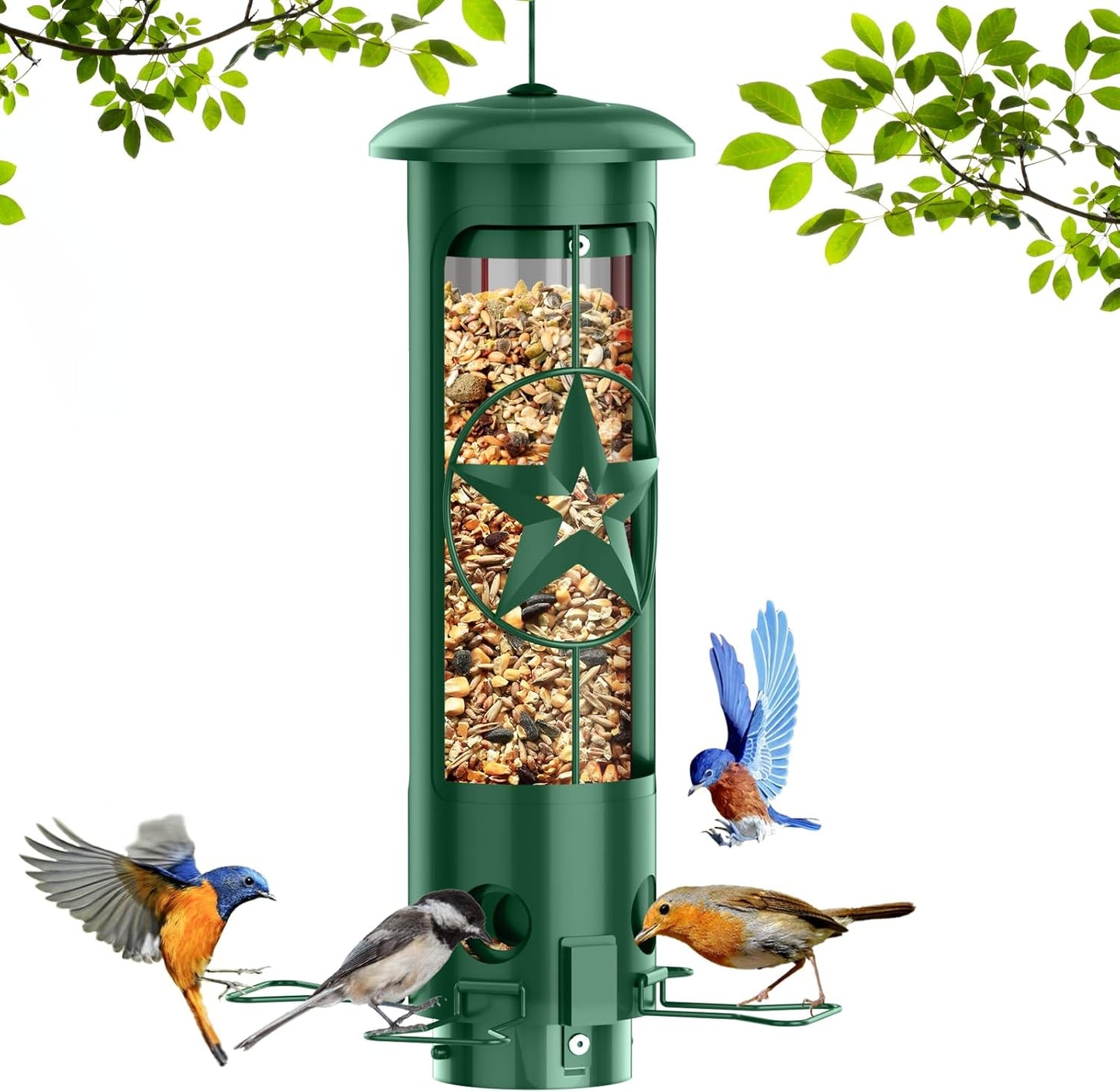 Squirrel Proof Bird Feeders for Outdoors Hanging, Metal Squirrel Proof Bird Feeder with Gravity Protection, 3LB Large Capacity Wild Bird Feeders for Outside Finch, Cardinal, Blue Jay (Green)