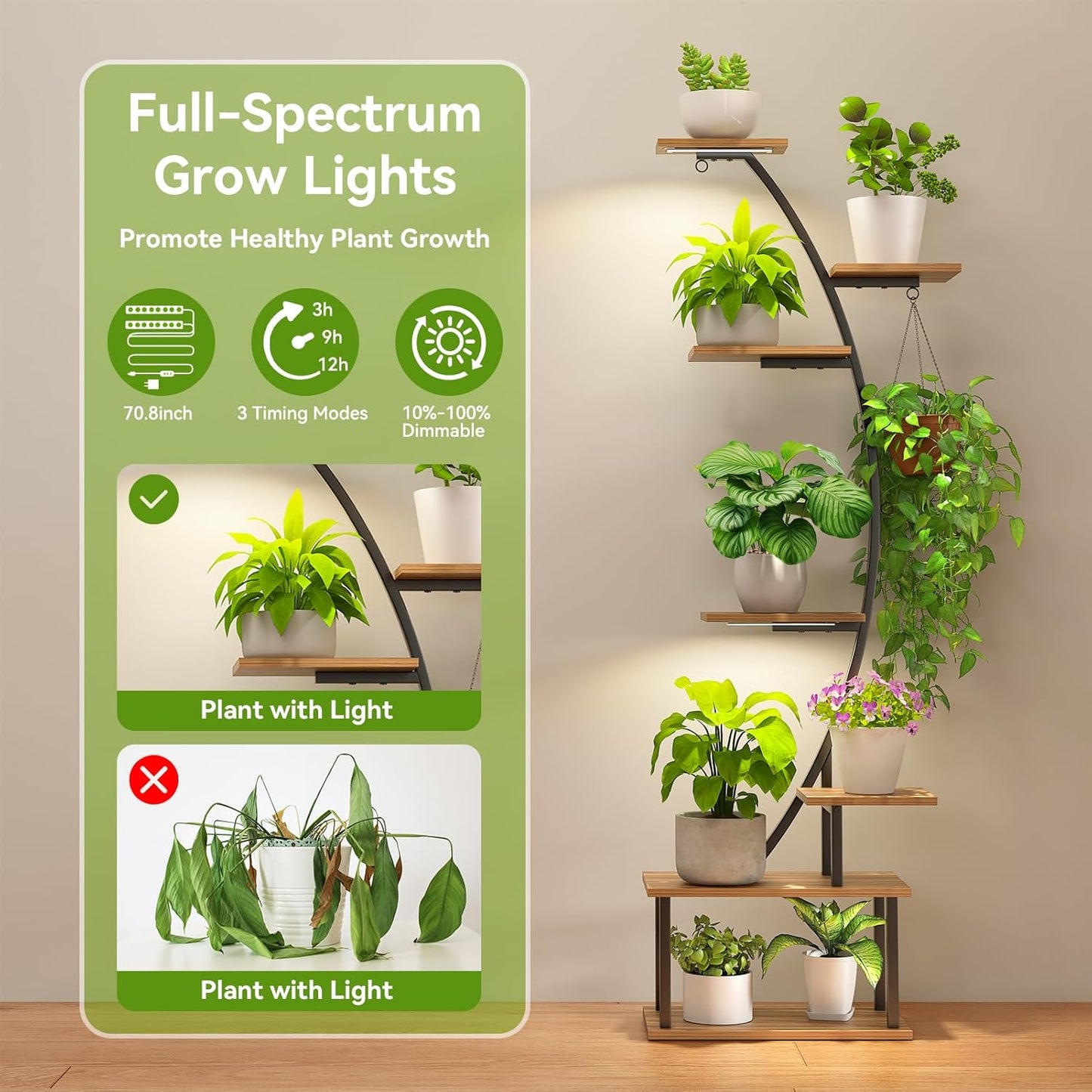 Plant Stand Indoor with Grow Lights, 7 Tiered 66" Tall Metal Plants Shelf, 3 Color Mode Full-spectrum LED, Half-Moon Shaped with Cable Ties & Safe Straps for Living Room, Patio