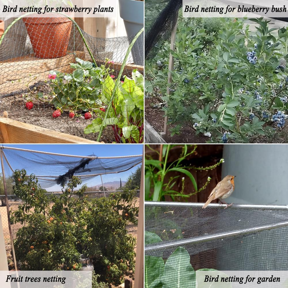 Junflying Bird Netting, 20x40 FT – 1/2" Mesh, Woven Black Netting for Garden Protection with Ties, Protects Vegetables, Fruit Trees, Blueberry Bushes & Strawberry Plants