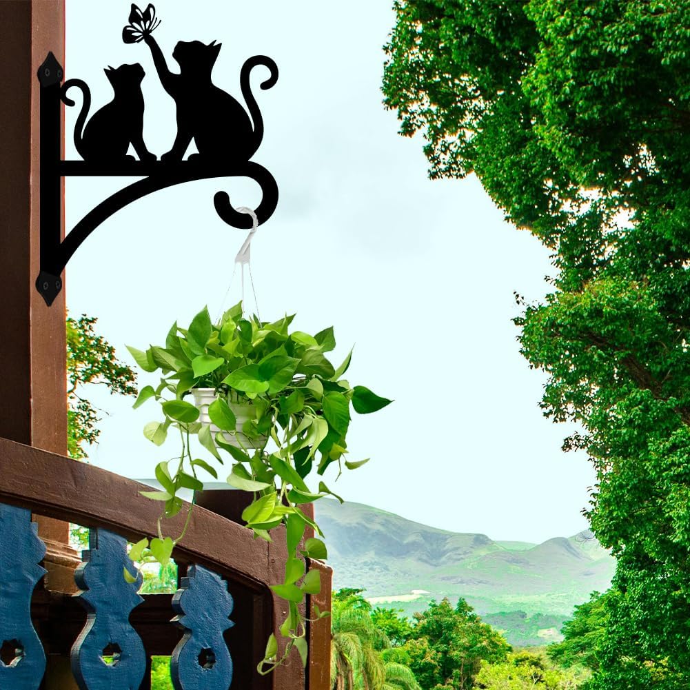 Peacoblue Iron Plant Hangers Hooks for Outdoor Indoor Hanging Plants Fern Pots, Lantern, Bird Feeder, Wind Chimes, 12”x14” Cat Weather Resistant Metal Wall Brackets Holder for Porch, Garden, Home(Cat)