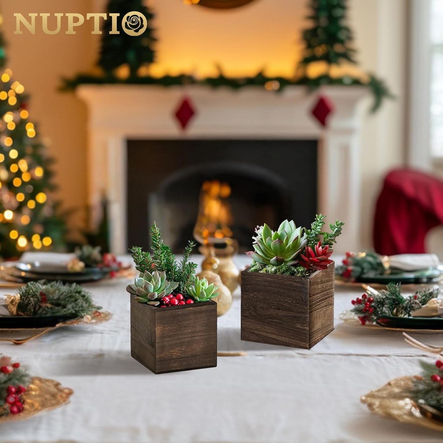 NUPTIO Wooden Box for Centerpiece Wedding: 12 Pcs Rustic Square Planter Box for Christmas Centerpiece Table Fall Decorations - 4×4" & 5×5" Small Wood Vases Flower Pots for Windowsill Home Garden Decor
