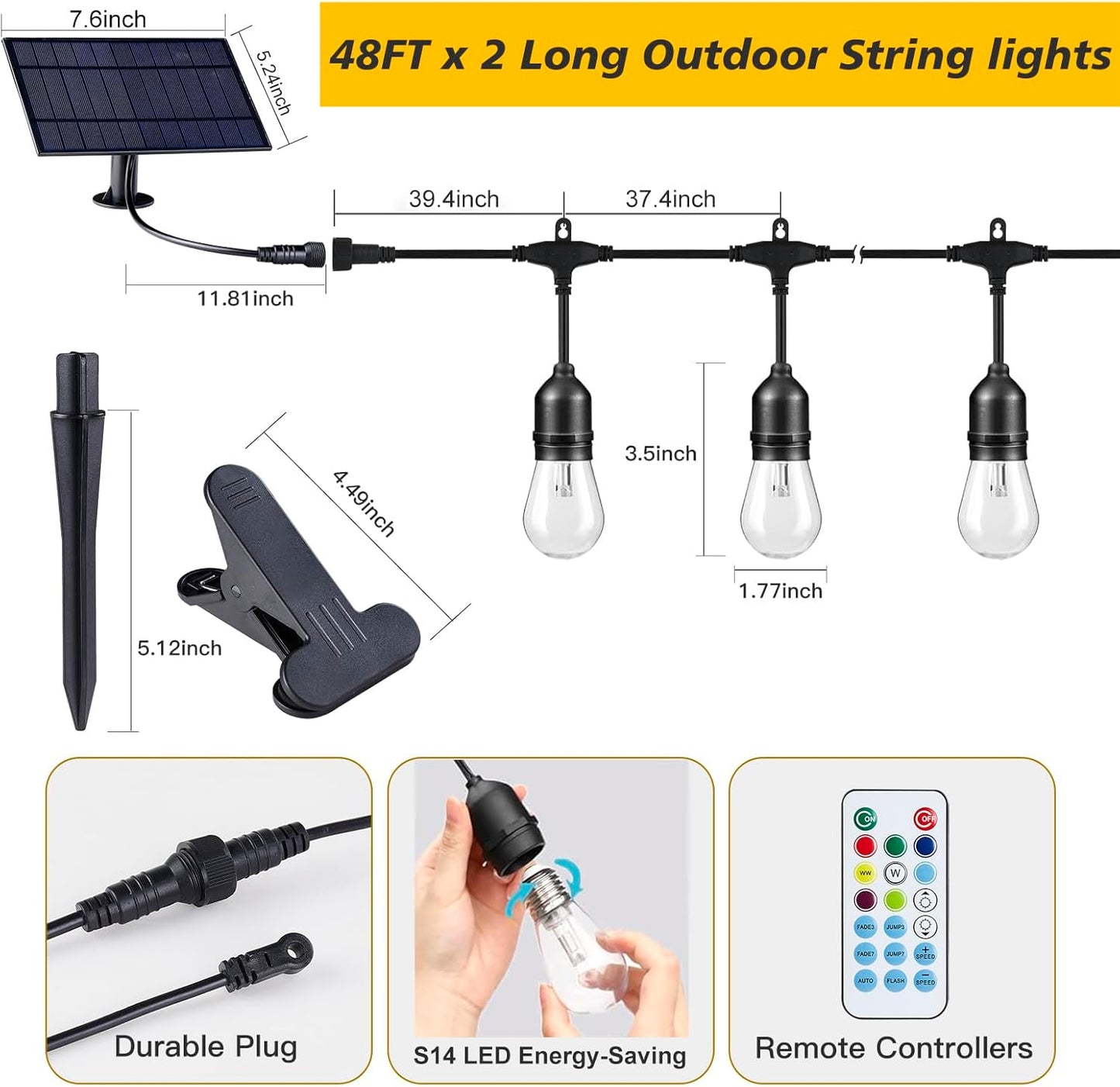 Auroraworld Solar Outdoor RGB String Lights, 96FT Dimmable Patio String Lights for Patio